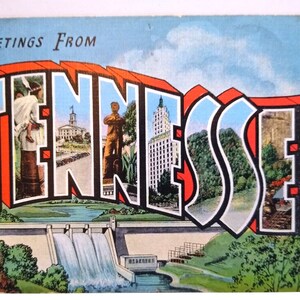 Greetings From Tennessee Large Letter Postcard Unused Linen Waterfalls Dam Kropp Unique Gift