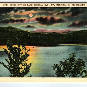 Carte postale en lin Moonlight By Lake Tahoma Mt Mitchell Caroline du Nord non utilisée