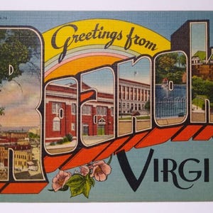 Salutations de Roanoke en Virginie, grande carte postale en lin, grande lettre, bâtiments inutilisés, cadeau unique