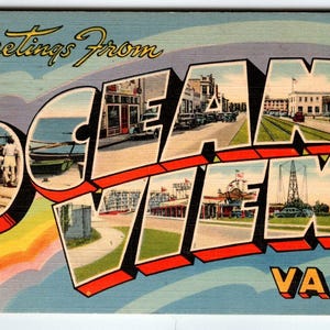 Grande carte postale en lin avec lettres et lettres Ocean View Virginia, vintage 1951