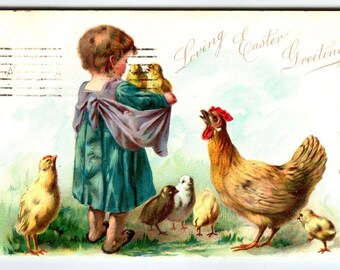 Easter Postcard Girl Baby Chick Hen Rooster Tuck Undivided 1907 Antique Embossed