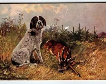 Signierte Muller Artist Postkarte Hund und Hirsch bei der Jagd
