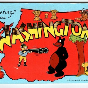 Carte Postale Salutations de Washington Chasseur d'ours brun Bûcheron Linge de maison Kropp