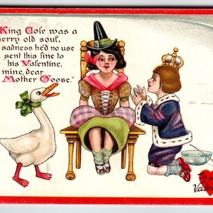Carte postale Saint Valentin, mère oie, garçon en couronne, fille assise, série 9 Tuck, 1910, cadeau unique