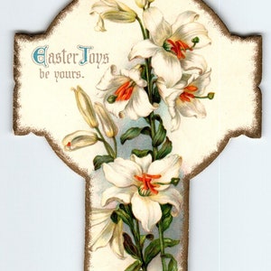 Carte postale de Pâques, Joys be Yours, fleurs de lys découpées, croix Ernest Nister, cadeau unique inutilisé