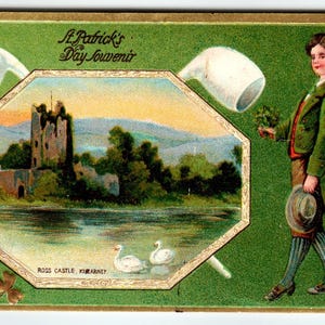 St Patrick&#39;s Day Irish Greeting Postcard Ross Castle Lake Killarney Ireland