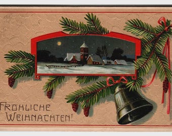 Fröhliche Weihnachten German Embossed Christmas Postcard Snowy Village & Bell