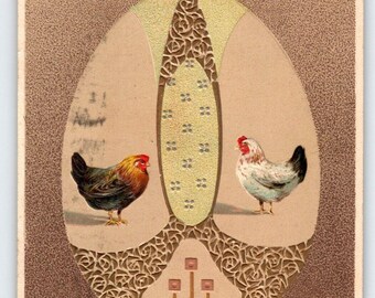 Joyous Easter Postcard Chickens Hens Embossed Vintage Germany 1909 Antique