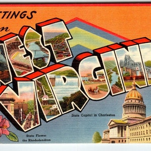 Carte postale de grande taille, grande lettre, Greetings From West Virginia, lin WV vintage inutilisé