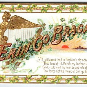 Carte postale de la Saint-Patrick voeux irlandaise Tuck Harp Erin Go Bragh en relief inutilisé cadeau unique