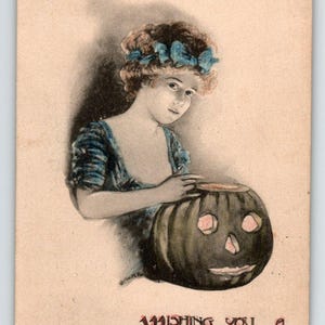 Halloween Postkarte May L. Farini Blue Tinted Handgemalte Lady JOL Pumpkin 1911 Einzigartiges Geschenk