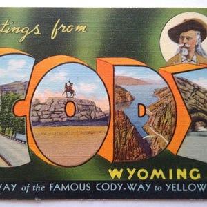 Carte postale Hello From Cody Wyoming grande lettre Curt Teich Buffalo Bill cadeau unique