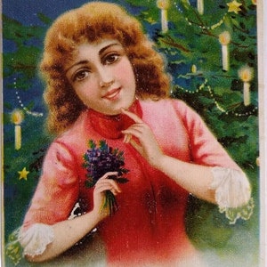 Victorian Christmas Postcard Women By Tree With Candles Vintage Original W8 Unique Gift