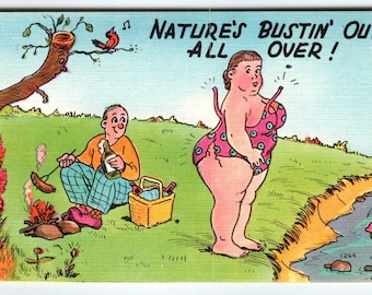 Nature's Bustin Out All Over Women In Swim Suit Linen Comical Postcard Vintage