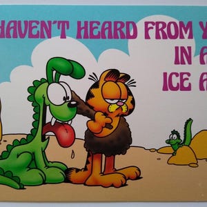 Garfield Katzenpostkarte Höhlenbewohner-Hund Dinosaurier Ice Age Jim Denim 1978 Continental Geschenk