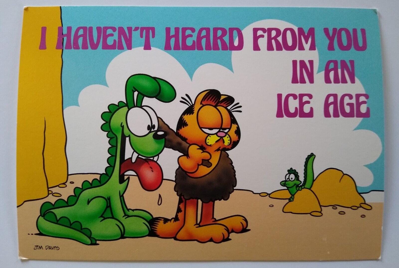 Vintage 1978 Garfield Postcard, Caveman & Dinosaur Art, Jim Davis