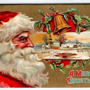 Weihnachtsmann-Weihnachtspostkarte Saint Nick Profil Kirchenglocken geprägtes Vintages einzigartiges Geschenk