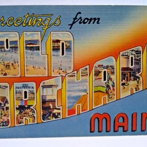 Salutations d'Old Orchard Beach, Maine, grande, grande, grande, lettre, carte postale, lin, non, utilisé