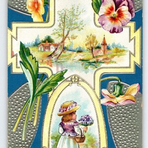 Ostern Postkarte 1910er Jahre Kreuz Mädchen mit Blumen Geprägte Grüße 1910 Vintage