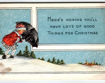 Christmas Postcard Whitney Girl Holds Umbrella In Snow Storm Vintage Greetings