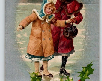 Christmas Postcard Mother And Child Girl Ice Skating Holly Leaves 1906 Undivided Unique Gift