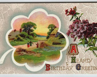 Vintage Embossed Birthday Postcard Clover & Floral Scenic Sunset Winsch Back