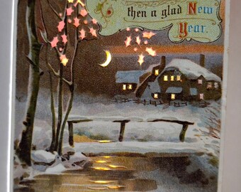 Hold To Light Postcard Christmas New Year Snow Covered Bridge Moon Leaves Home