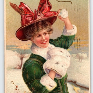 Weihnachtspostkarte 1908 Viktorianische Frauen Muff Hält Einen Schneeball Deutschland Geprägt