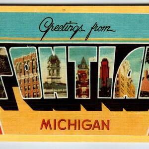Carte postale en lin Dexter, grande lettre, grande lettre de Pontiac, Michigan, cadeau unique, sans affectation