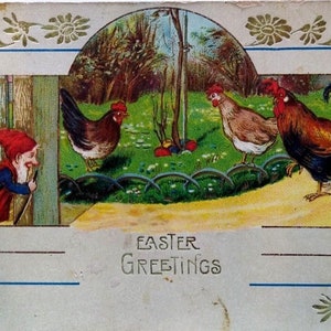 Easter Postcard Fantasy Gnome Dwarf Hens Chickens Vintage Gel Series 444 Germany Unique Gift