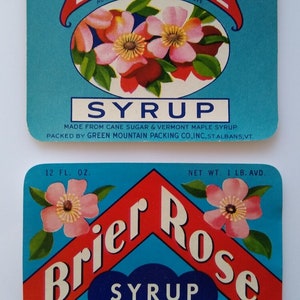 Brier Rose Ahornsirup Papieretikett Original Vintage 1930er Jahre Lot von 2 Blumenkunst Einzigartiges Geschenk