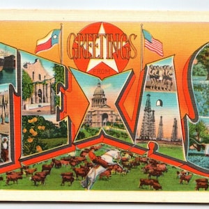 Salutations du Texas grande lettre carte postale d'état lin cowboy cheval bovin drapeaux