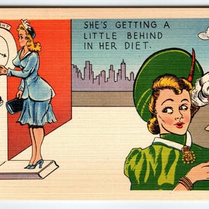 Sie ist immer ein wenig hinter in ihrer Diät Postkarte - C-6 Leinen Postkarte - 1940er Jahre