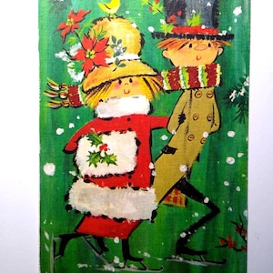 Couple de patinage sur glace de Noël rétro Mid Century Mod Groovy Carte de voeux NOS