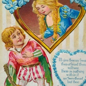 Carte postale victorienne Saint-Valentin Nash princesse luth guitariste fond rayé cadeau unique