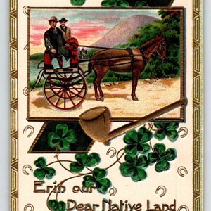 Carte postale de la Saint-Patrick, trèfles irlandais, calèche, personnes, tuyau en or en relief, cadeau unique