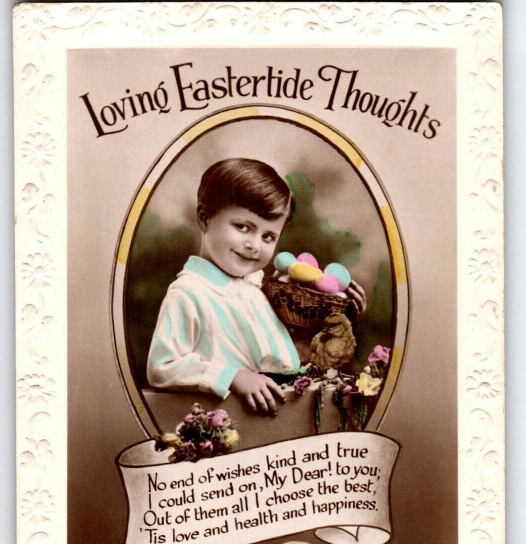 Real Photo Easter Postcard Eastertide Thoughts Child Egg Embossed ...