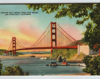 Vintage Linen Postcard Golden Gate Bridge from Fort Mason San Francisco