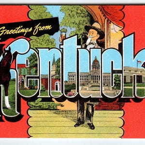 Carte postale salutations du Kentucky grande lettre Kropp lin cheval vintage Original