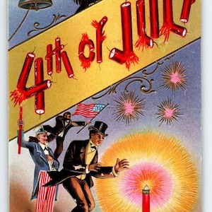 Carte postale du 4 juillet Oncle Sam Eagle Fireworks Skyrocket en relief AW Santway 129