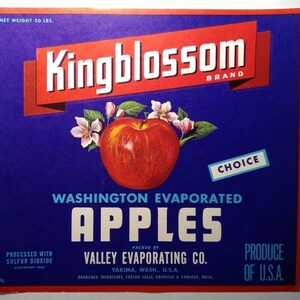 King Blossom Apple Fruit Crate Label 1940s Vintage Original Yakima Washington
