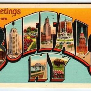 May include: Vintage postcard with the words "Greetings from Buffalo City" in a stylized design. The word "Buffalo" is filled with images of buildings and landmarks. The postcard has an orange and light blue background.