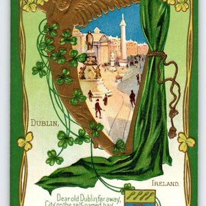 Carte postale de la Saint-Patrick Dublin Gold Harp Village, trèfles en relief Nash Irlande