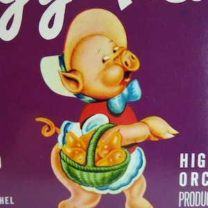 Piggy Pears Humanized Dressed Pig Fruit Crate Label Vintage Original 1940&#39;s Unique Gift