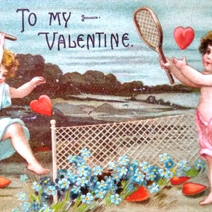 Carte postale Saint-Valentin Cupids jouant au tennis avec des balles en forme de coeur Allemagne Fantasy Cadeau unique