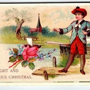 Antique 1908 Christmas Postcard Boy with Sailboat Floral Design