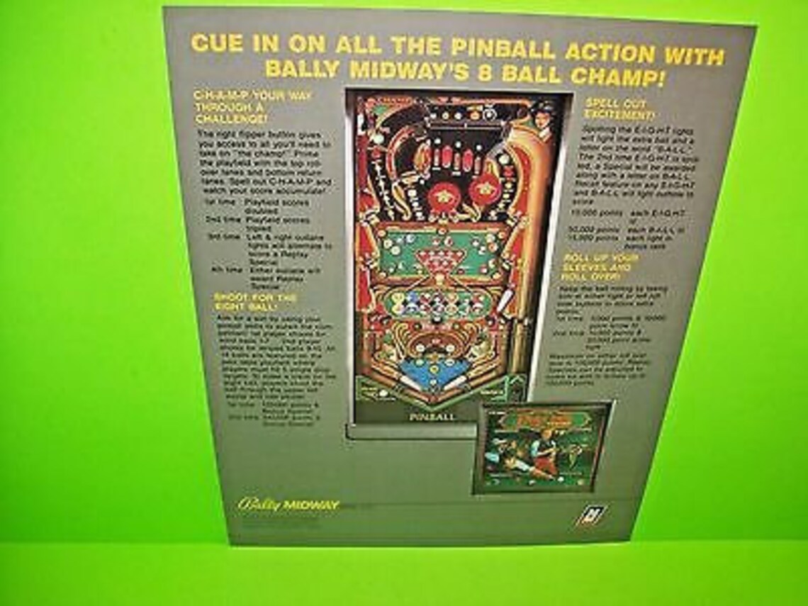 Eight Ball Champ Pinball FLYER Original NOS 1985 Game Textured Etsy