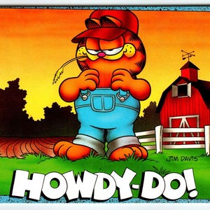 Carte postale chat Garfield Howdy Do Farmer Dressed Orange Kitten Barn Jim Davis 1978