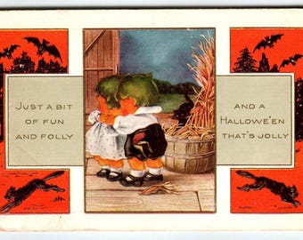 Halloween Postkarte Withney Pixies Grünes Haar Fledermäuse Schwarze Katze Geprägtes Antikes Einzigartiges Geschenk