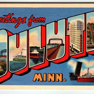 Salutations de Duluth Minnesota grande grande lettre carte postale lin curt teich des années 40 cadeau unique
